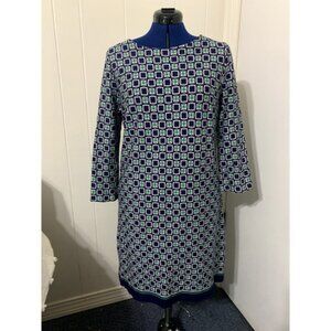 Talbots Shift Dress Size 16 Ponte Knit Geometric Blue Green 3/4 sleeve Pull over